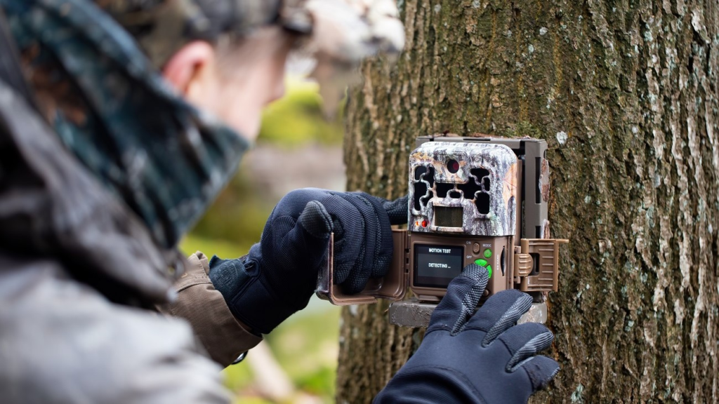 Man fixing trail camera to a tree